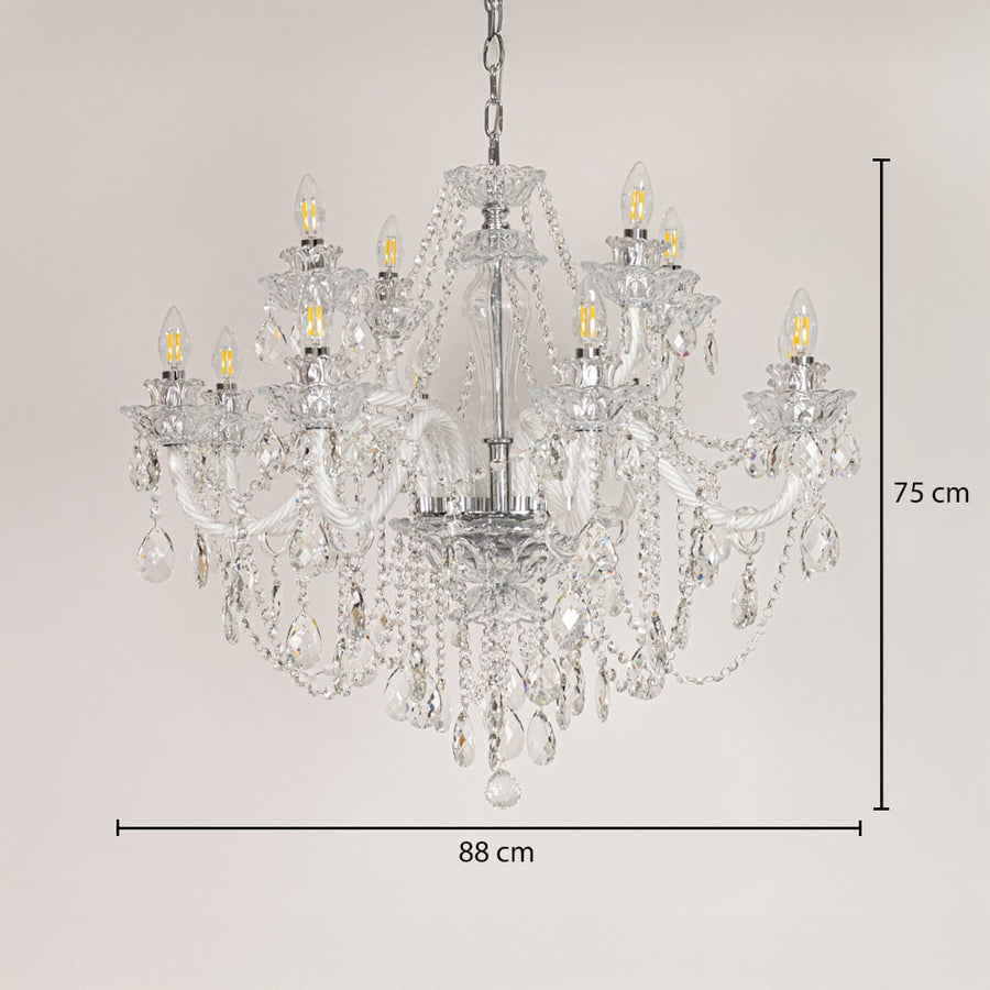 Large clear crystal chandelier sized 75 cm height and 88 cm width ideal for elegant living room or dining room ceiling lighting.