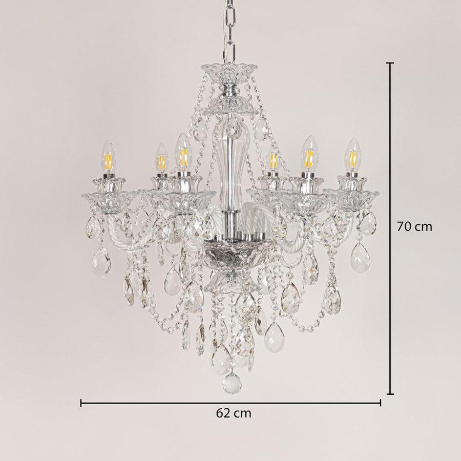 Clear crystal chandelier sized 70 cm height and 62 cm width ideal for elegant living room or dining room ceiling lighting.