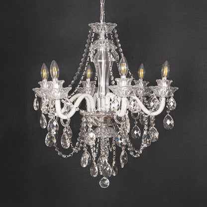 Clear crystal chandelier shown on black background highlighting premium crystal detailing for elegant ceilings.