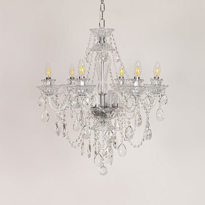 Clear crystal chandelier displayed on white background ideal for classic bright interior ceiling styling.