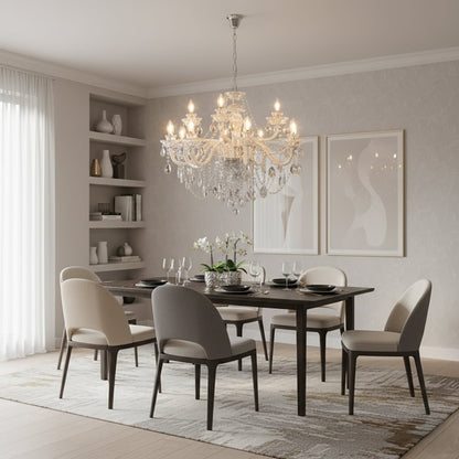 Large clear crystal chandelier adds bright elegant lighting to living room or dining room ceilings creating a luxury ambience.