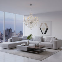 Clear crystal chandelier adds bright elegant lighting to living room or dining room ceilings creating a luxury ambience.