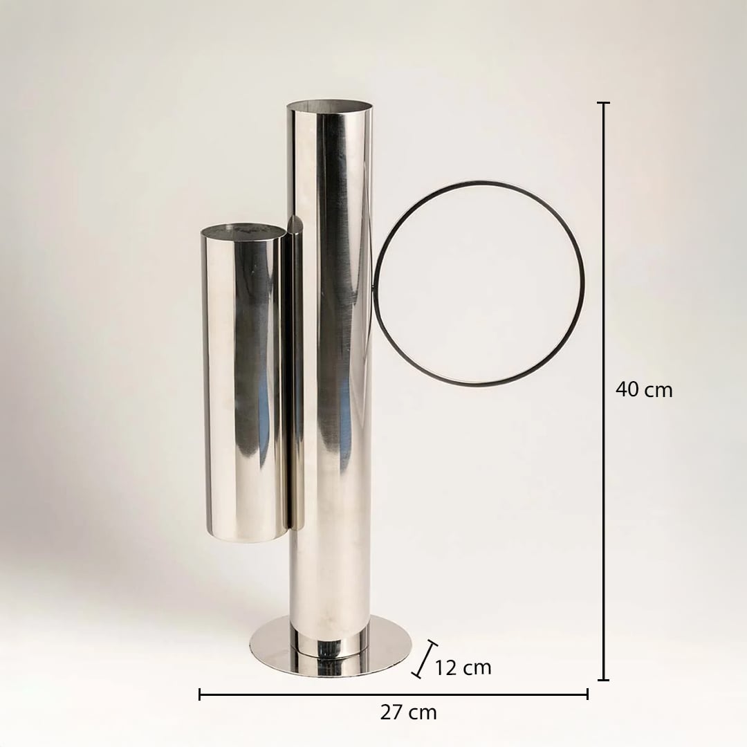 Dimension image of modern polished silver chrome dual cylinder metal vase with geometric ring showing 40 cm height and 27 cm width.