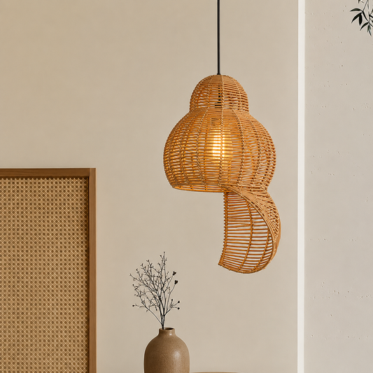 A woven rattan pendant light with a warm glowing bulb inside, hanging in a minimalist room setting with a beige wall, a framed cane panel, and a small vase with dried branches.