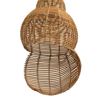 Closeup of double gourd rattan pendant light with handwoven bamboo shade in natural finish for rustic decor.