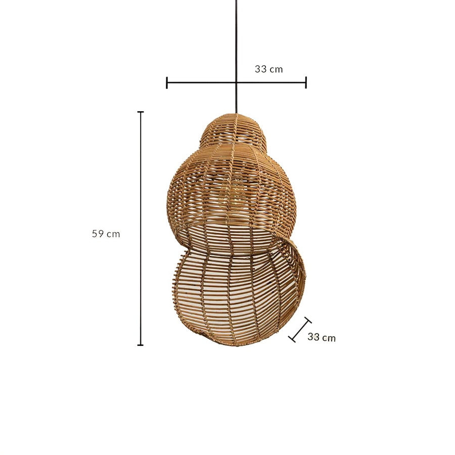 Double gourd rattan pendant light with bamboo shade shown with 59cm height and 33cm width for room placement.