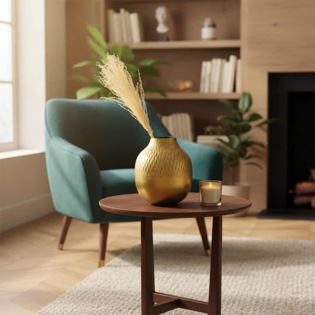 Shiny gold round vase with dried grass on wooden side table for luxury home decor and warm living room interior.