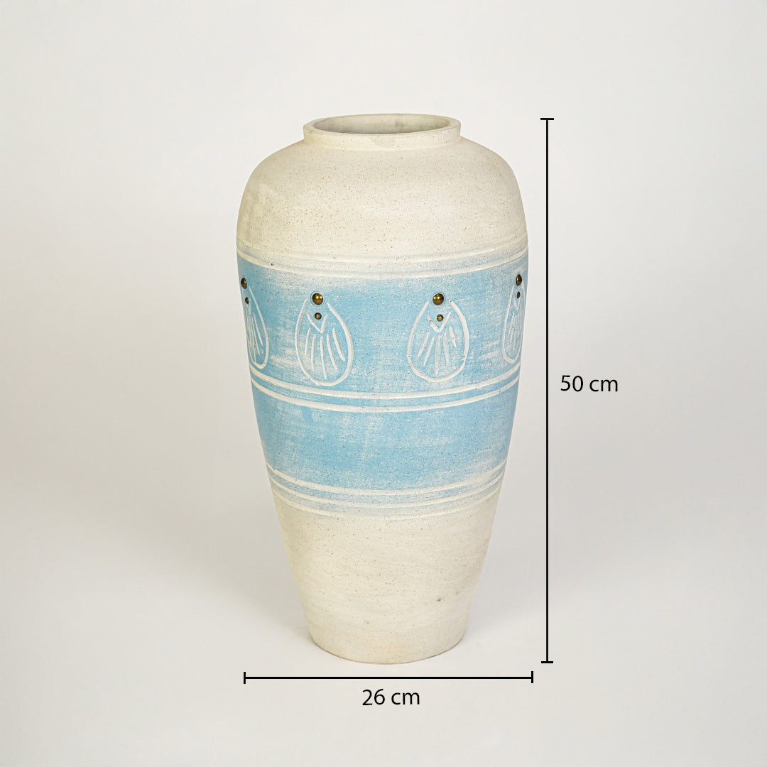 Dimension image of blue ceramic floor vase for elegant home decor styling with artistic textured finish.