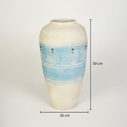 Dimension image of blue ceramic floor vase for elegant home decor styling with artistic textured finish.