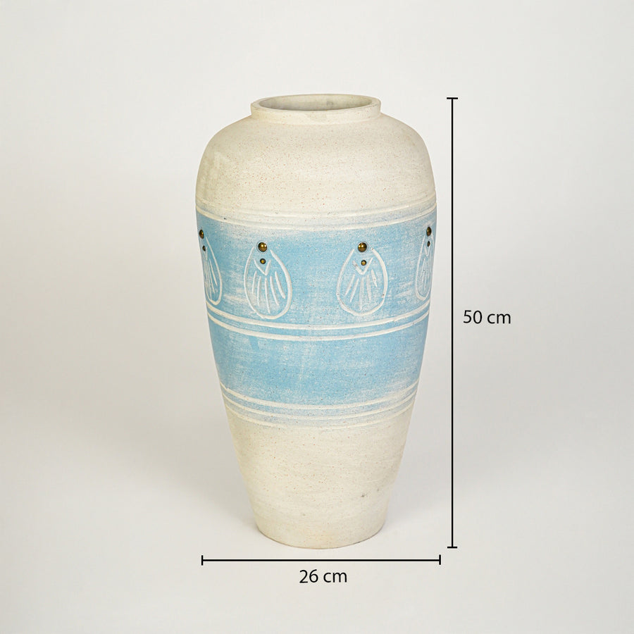 Dimension image of blue ceramic floor vase for elegant home decor styling with artistic textured finish.
