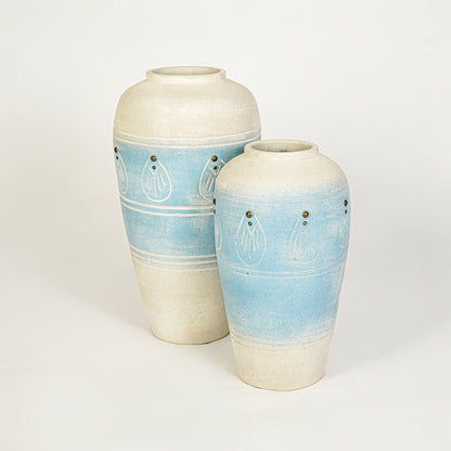 White background image of blue ceramic vase set for elegant floor decor styling with matte textured finish.
