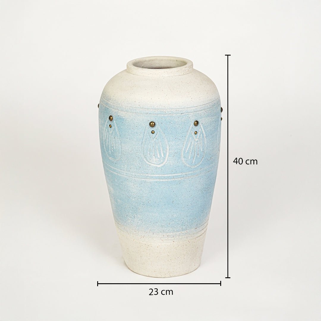 Dimension image of blue ceramic floor vase for elegant interior decor styling with textured artistic finish.