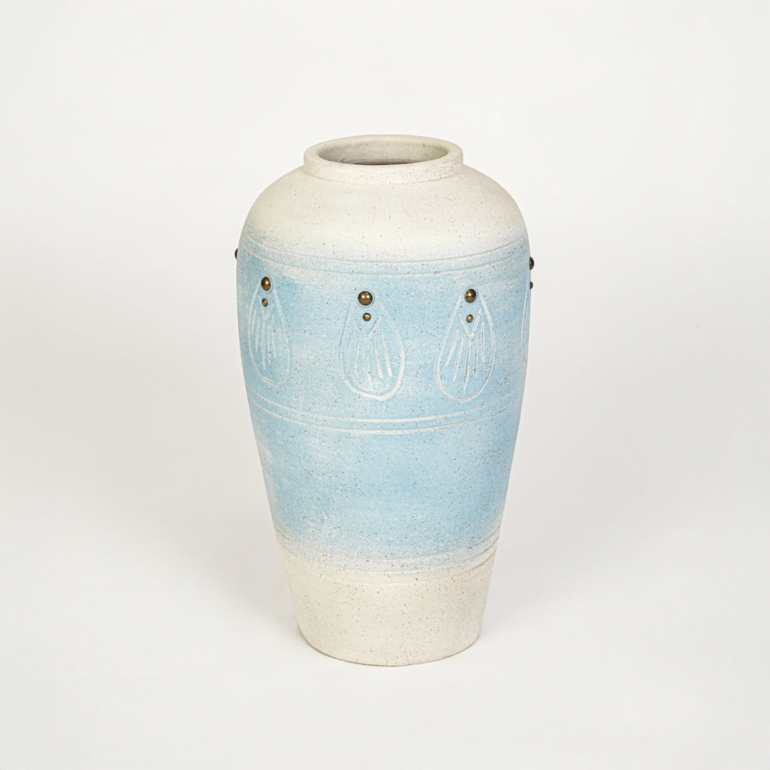 White background image of blue ceramic decorative vase for elegant floor placement with textured finish.