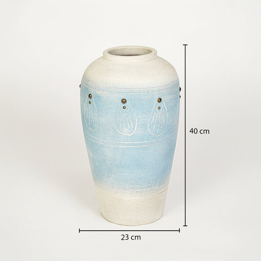 Dimension image of blue ceramic floor vase for elegant interior decor styling with textured artistic finish.