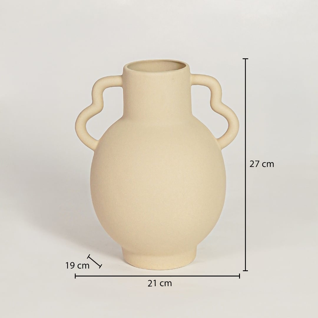 Slab beige ceramic double handle vase measuring 27 cm height 21 cm width and 19 cm depth ideal for console decor placement.
