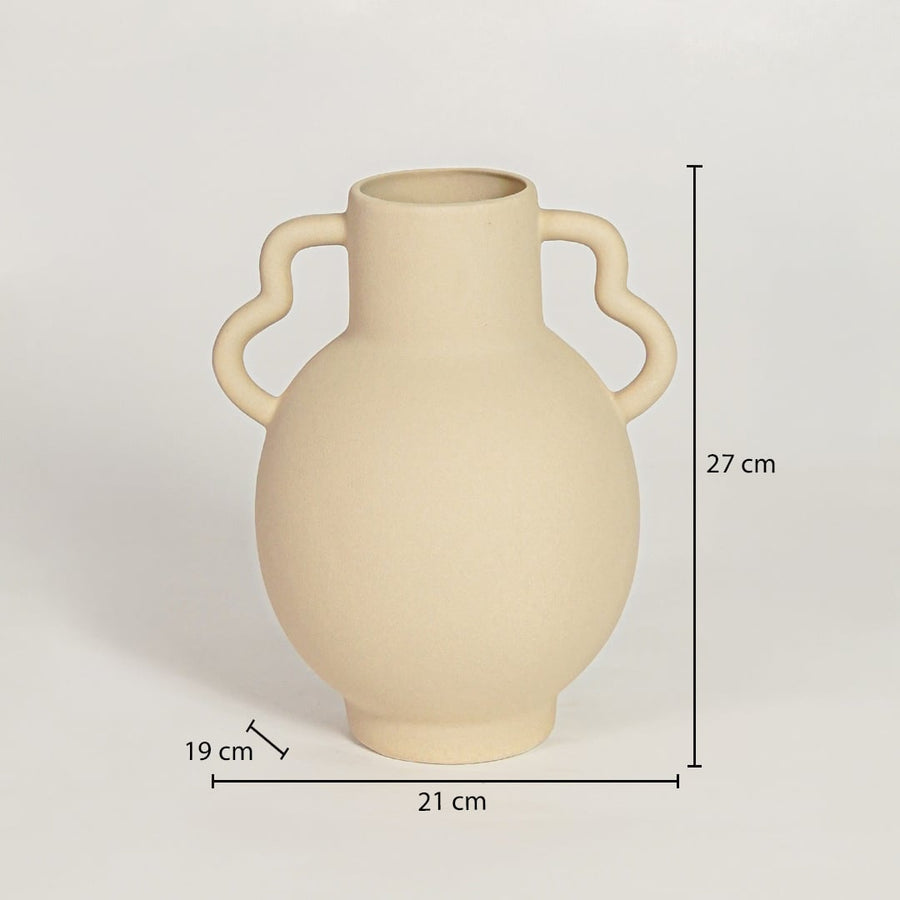 Slab beige ceramic double handle vase measuring 27 cm height 21 cm width and 19 cm depth ideal for console decor placement.