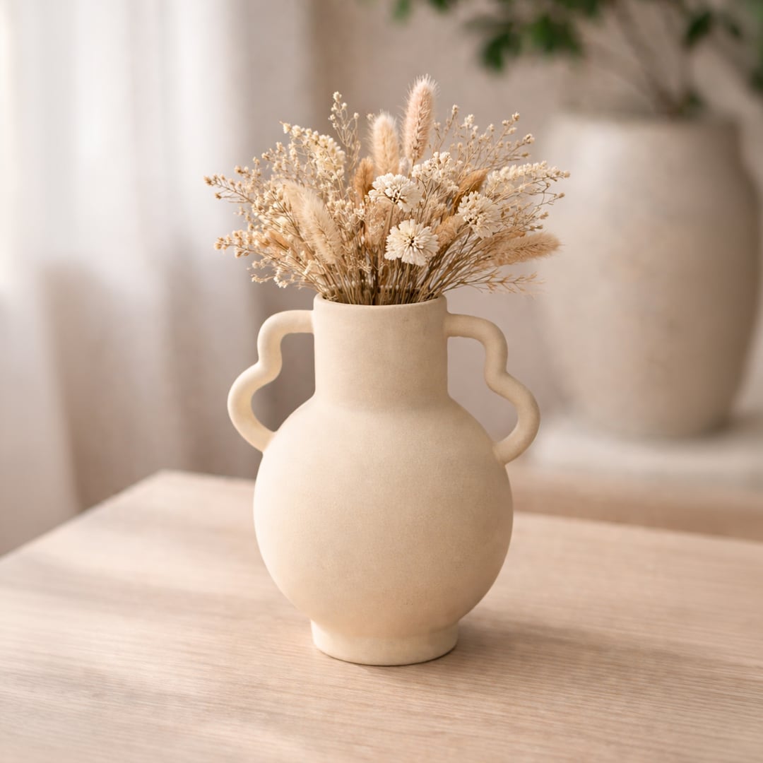 Beige ceramic double handle vase with dried stems placed on wooden table adding warm rustic charm to living room decor.