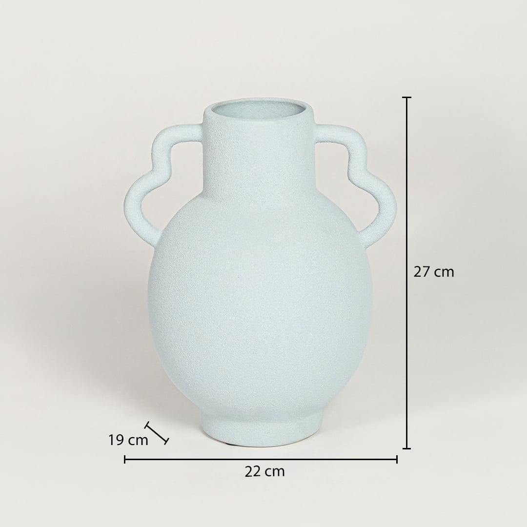 Slab blue ceramic double handle vase measuring 27 cm height 22 cm width and 19 cm depth ideal for modern decor placement.