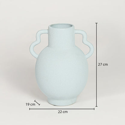 Slab blue ceramic double handle vase measuring 27 cm height 22 cm width and 19 cm depth ideal for modern decor placement.
