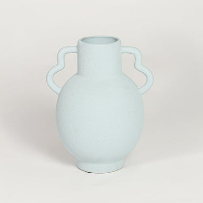Minimal slab blue ceramic flower vase with sculpted handles ideal for entryway table living room shelf or dining decor display.