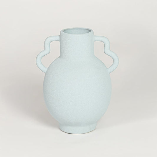 Minimal slab blue ceramic flower vase with sculpted handles ideal for entryway table living room shelf or dining decor display.