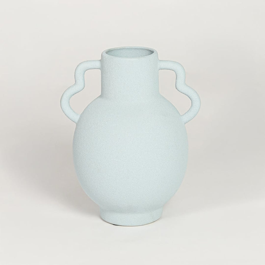 Minimal slab blue ceramic flower vase with sculpted handles ideal for entryway table living room shelf or dining decor display.
