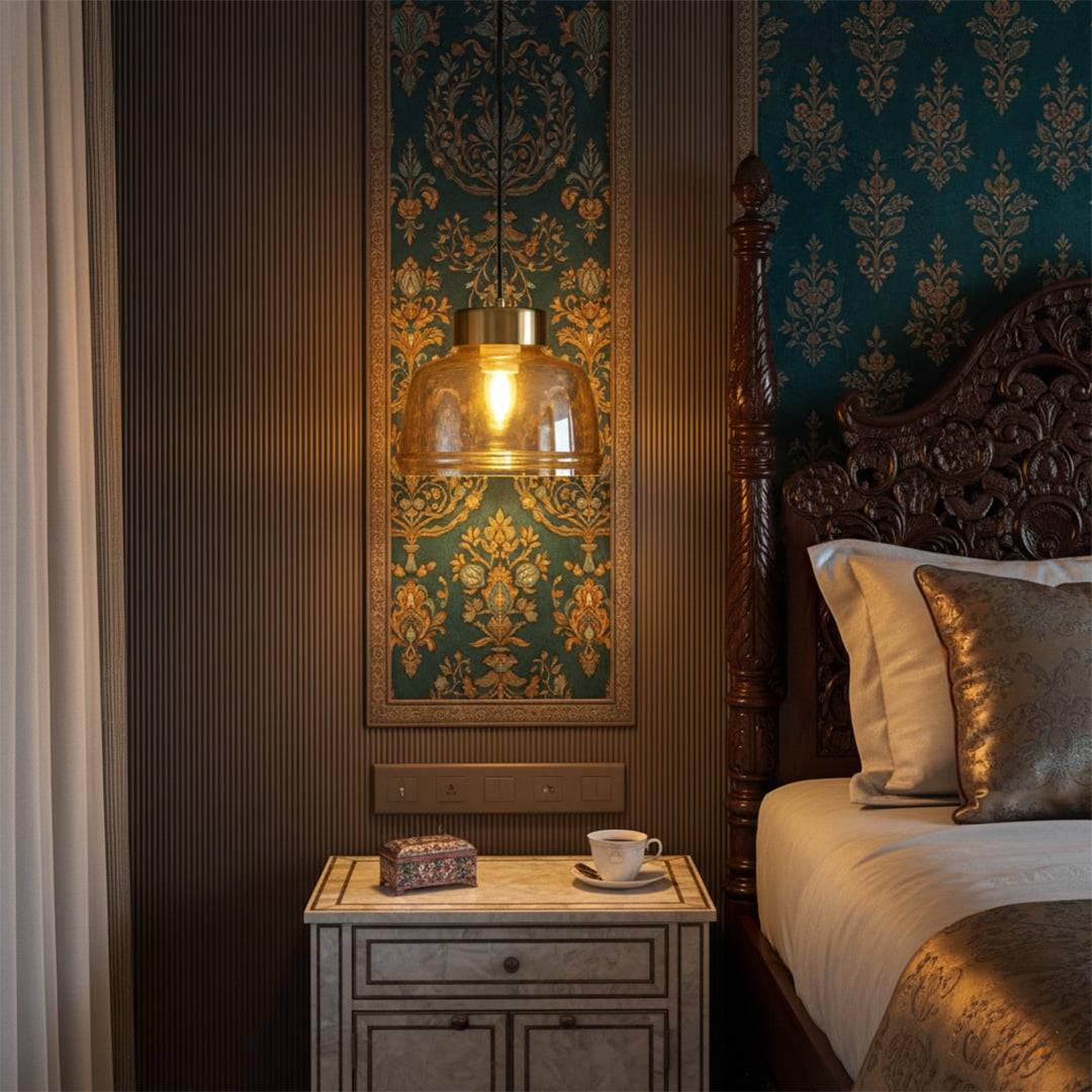 Amber glass pendant light hanging beside classic wooden bed illuminating patterned wall panel and bedside table creating warm luxurious bedroom atmosphere.