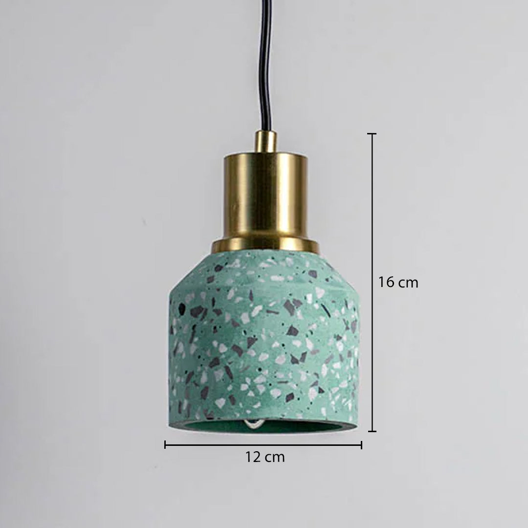 Dimension image of mint green terrazzo pendant light with brass holder showing 16 cm height and 12 cm width.