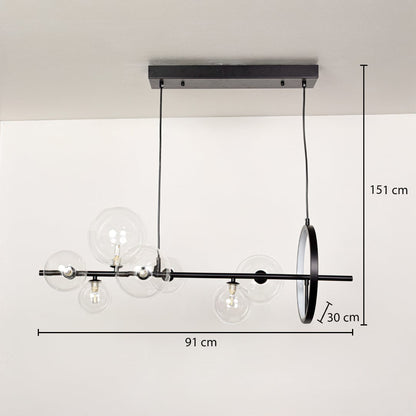 Linear pendant light dimension image showing 91 cm total width 151 cm adjustable hanging height and 30 cm circular side ring diameter for size reference.