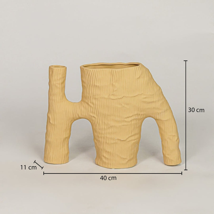 Beige ceramic vase measuring 40 cm width and 30 cm height for modern tabletop and shelf decor placement.