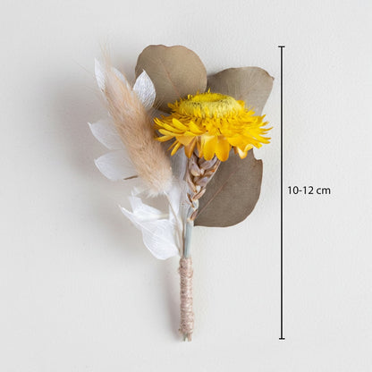 Dried floral bunch with yellow bloom beige leaves and soft textures showing height 10 to 12 cm ideal for vase and Decor styling.