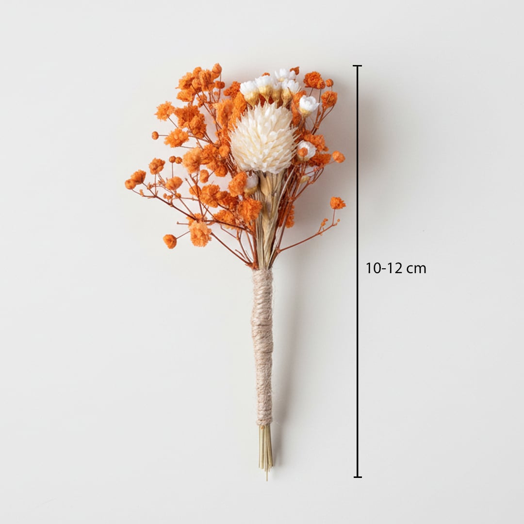Dried floral bunch with orange blooms and natural stem showing height 10 to 12 cm ideal for small vase and warm home Decor.