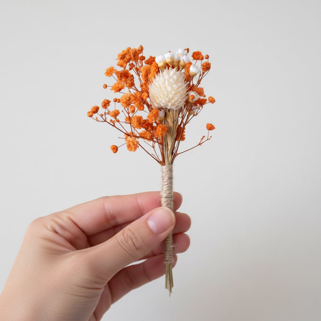Dried floral bouquet with orange accents natural textures and earthy tones suited for warm boho home Decor displays.