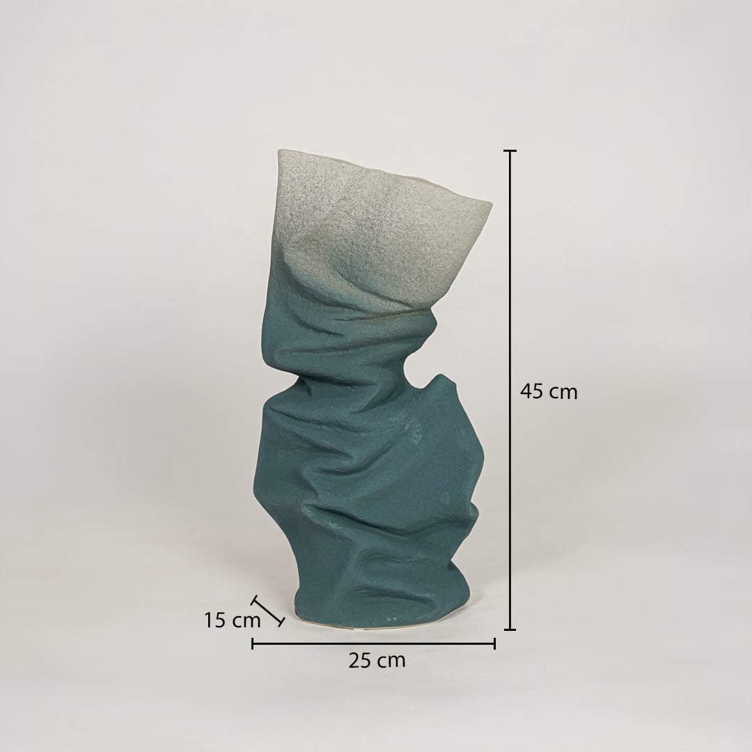 Blue ceramic vase measuring 45 cm height and 25 cm width for modern tabletop and shelf decor styling.