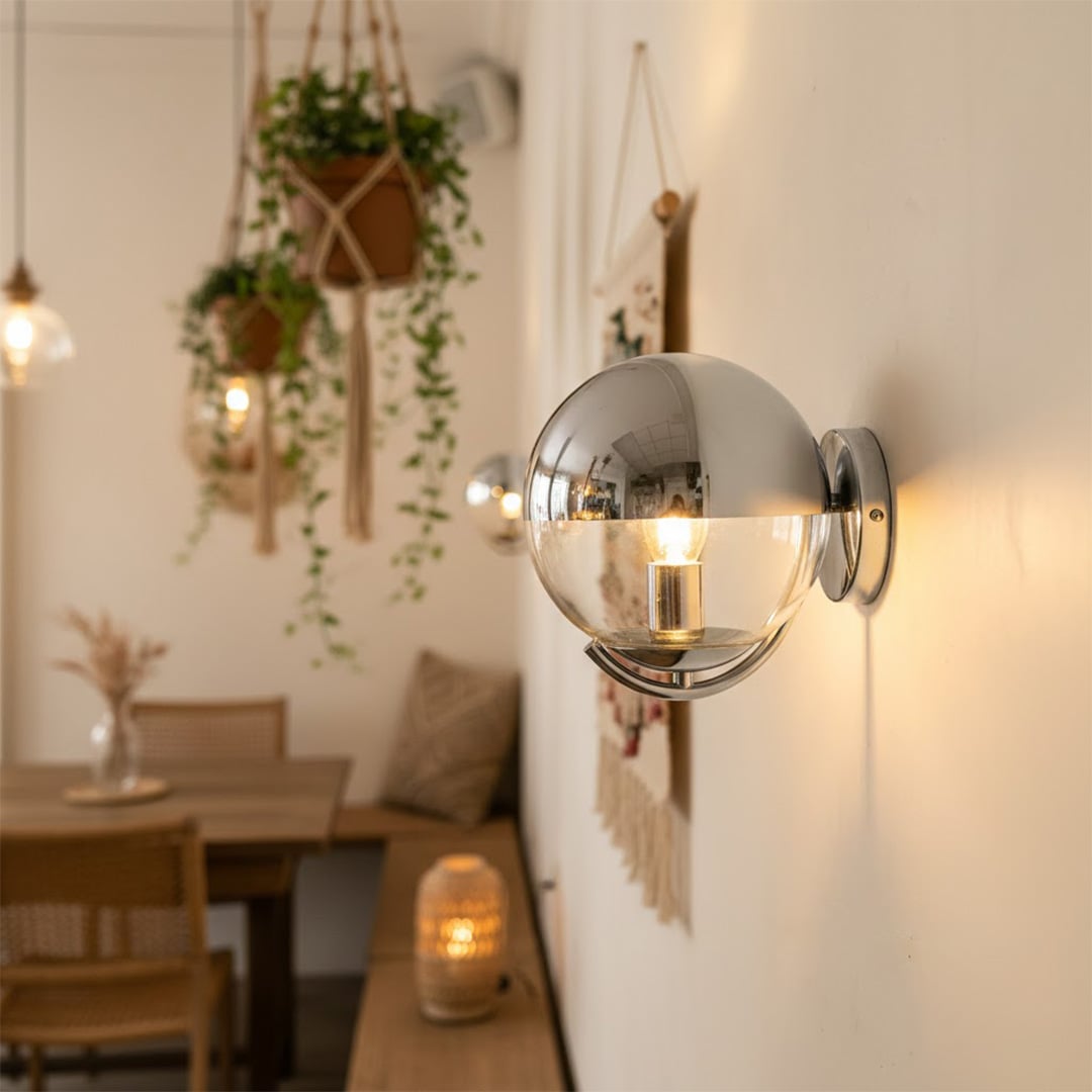 Modern chrome glass wall light for stylish dining room and contemporary home decor styling spaces.