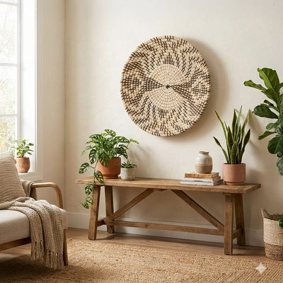 Natural woven wall basket displayed above a console table for elegant bohemian wall decor and cozy home interiors.