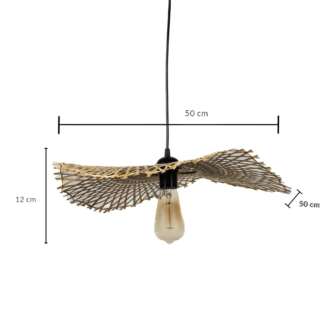 Dimension image of wavy rattan mat pendant light with black socket hardware showing 12 cm height and 50 cm width.
