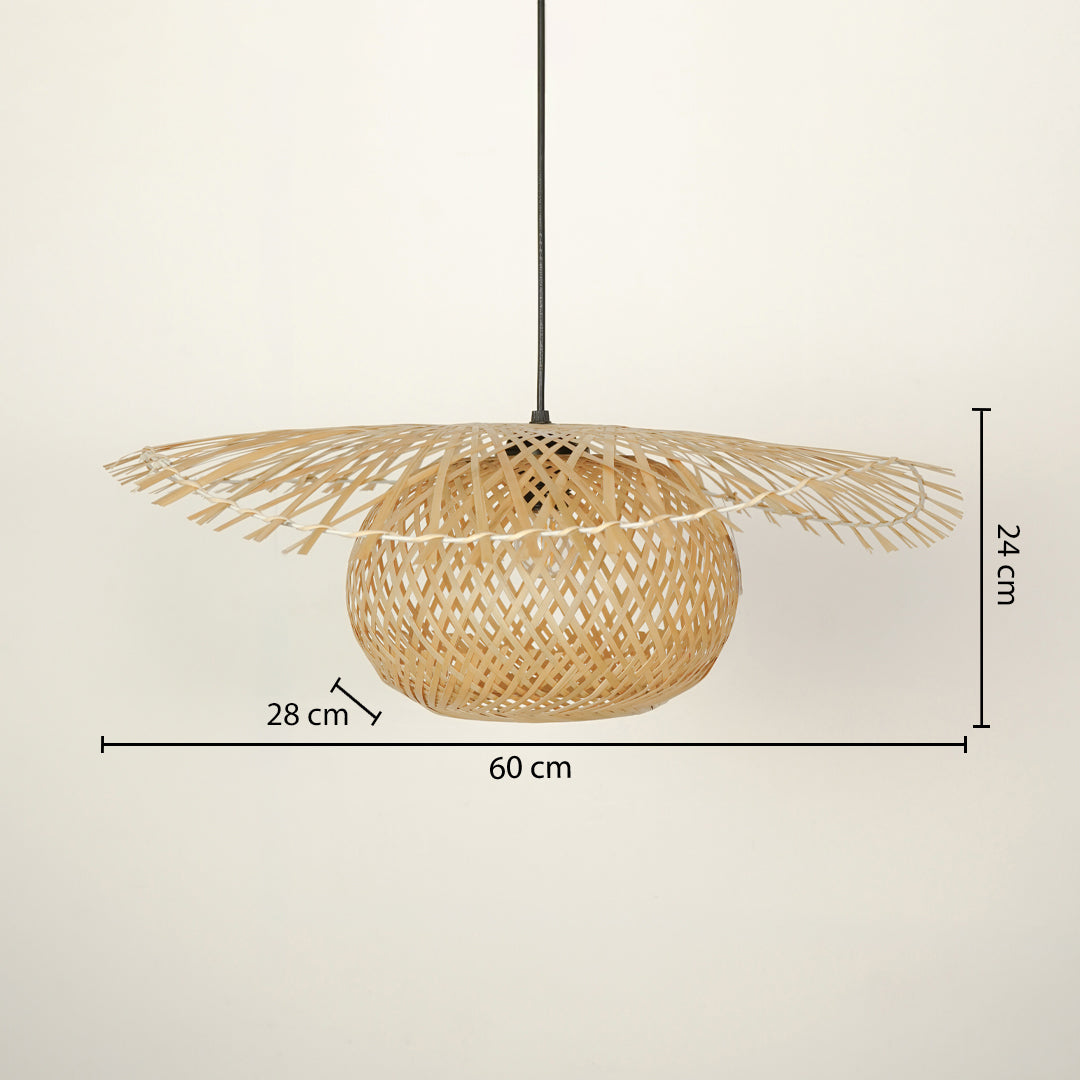 Handwoven bamboo pendant light with natural weave displaying size details elegantly.