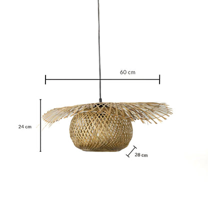 Wide rattan pendant light with bamboo shade shown with 24cm height 60cm width and 28cm depth dimensions.