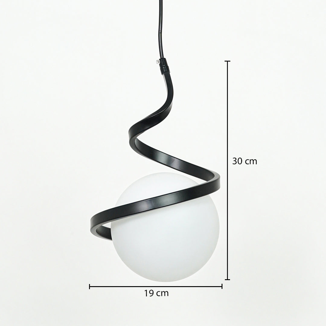Black spiral metal and frosted glass pendant light dimension image with 19 cm width and 30 cm height for modern bedside placement.