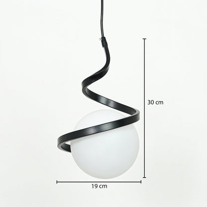 Black spiral metal and frosted glass pendant light dimension image with 19 cm width and 30 cm height for modern bedside placement.