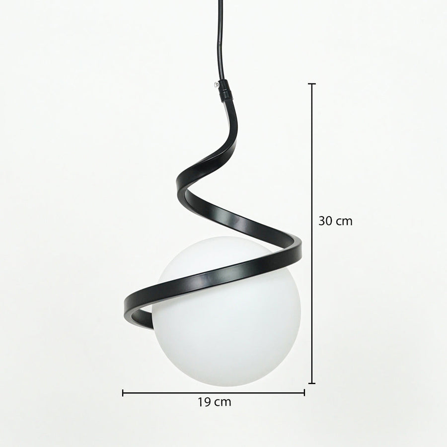 Black spiral metal and frosted glass pendant light dimension image with 19 cm width and 30 cm height for modern bedside placement.