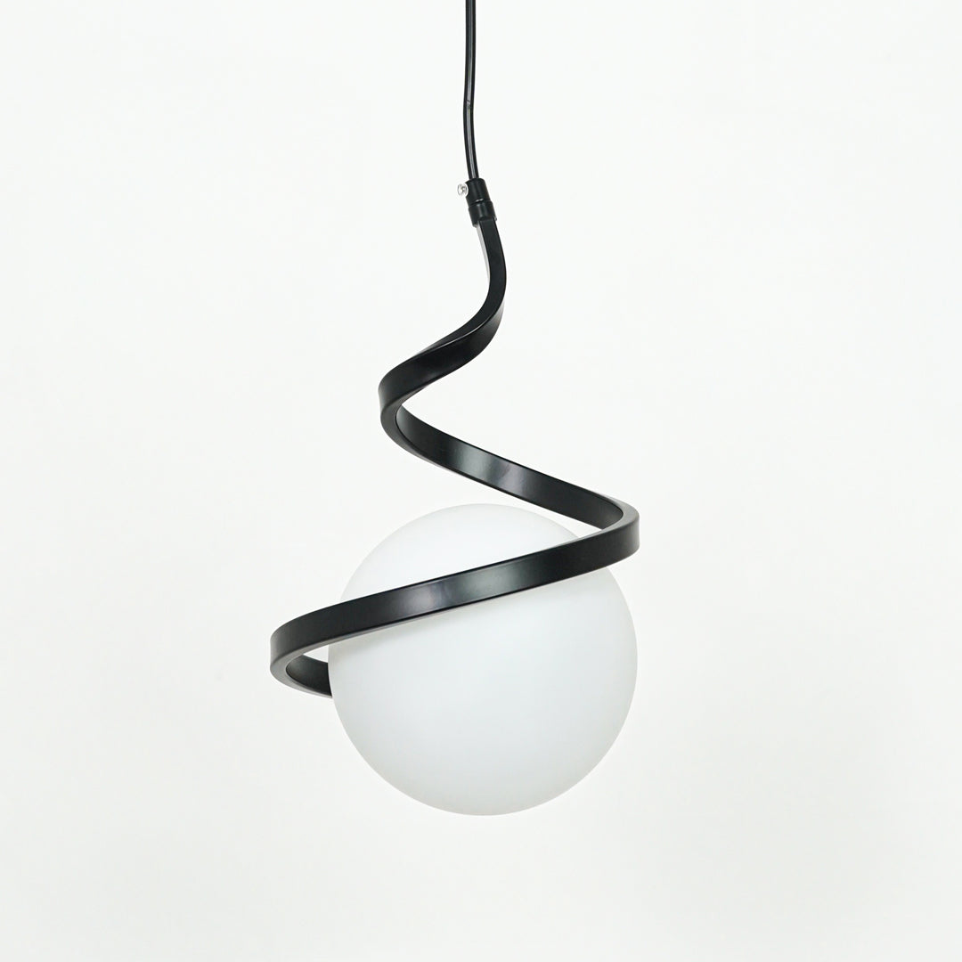Black metal spiral pendant light with sculptural curves and white glass globe for elegant interiors.