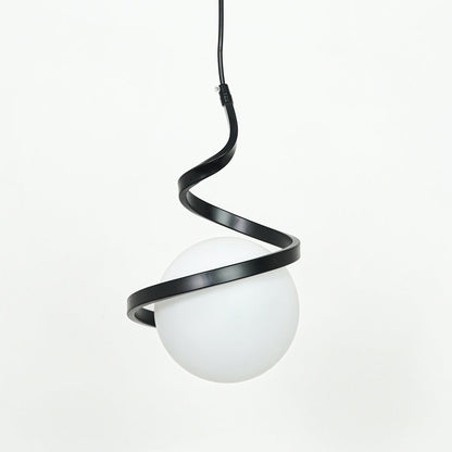 Black metal spiral pendant light with sculptural curves and white glass globe for elegant interiors.