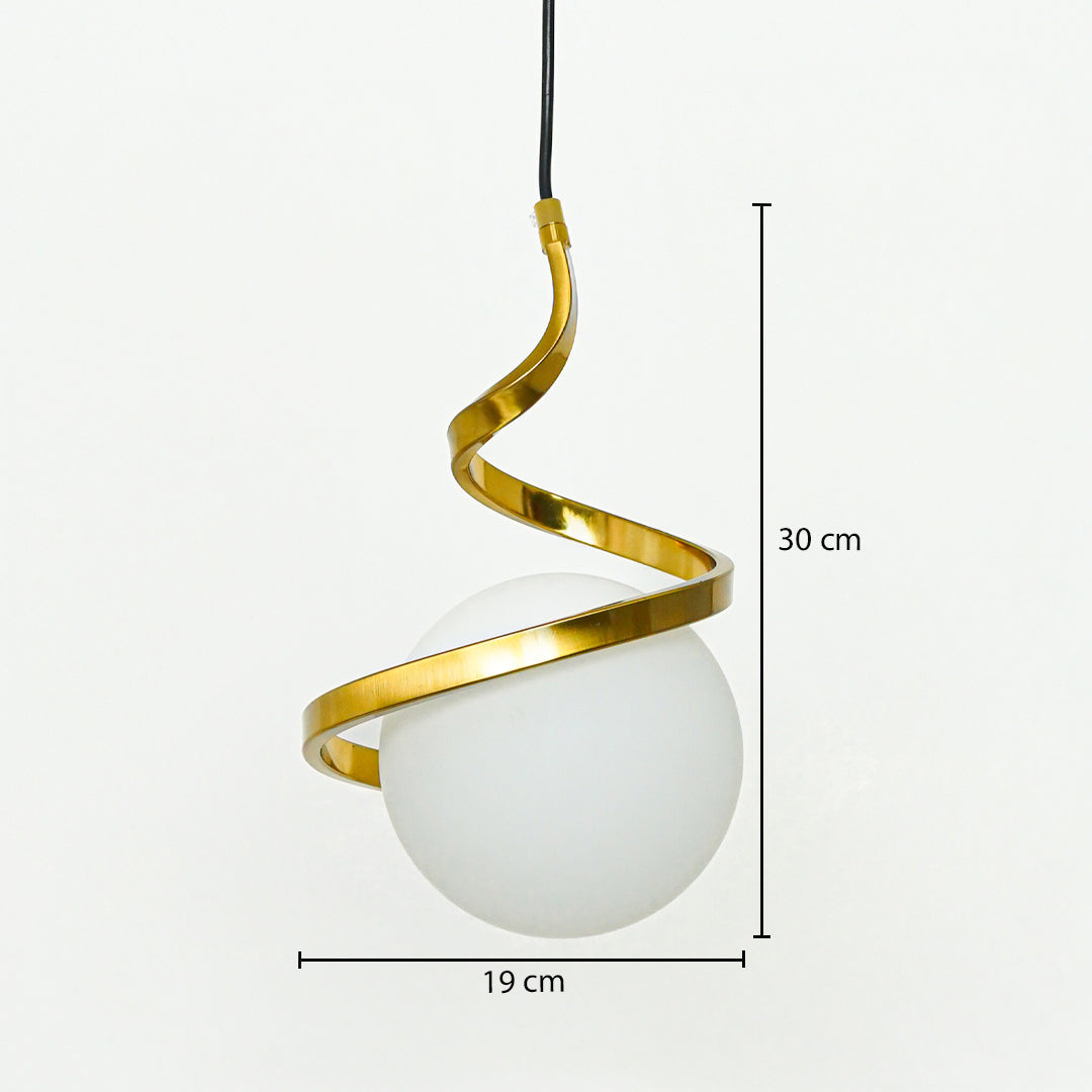 Gold spiral metal and frosted glass pendant light dimension image with 19 cm width and 30 cm height for luxury bedside placement.