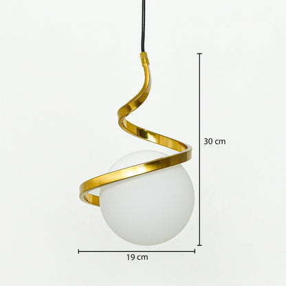 Gold spiral metal and frosted glass pendant light dimension image with 19 cm width and 30 cm height for luxury bedside placement.