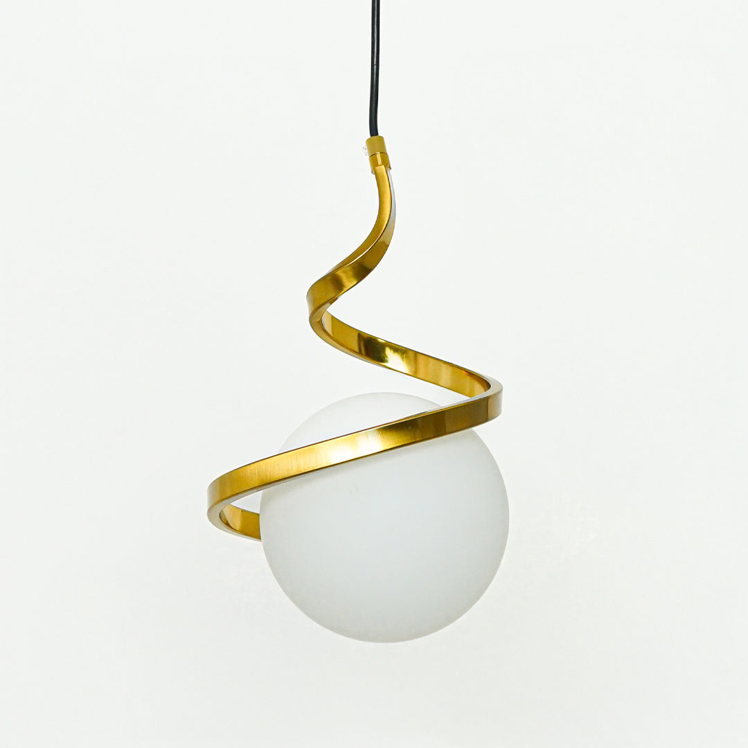 Closeup of gold metal spiral pendant light showcasing sculptural curves and premium finish.