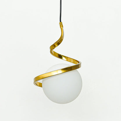 Closeup of gold metal spiral pendant light showcasing sculptural curves and premium finish.