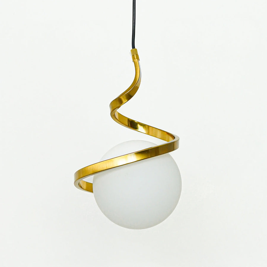 Closeup of gold metal spiral pendant light showcasing sculptural curves and premium finish.
