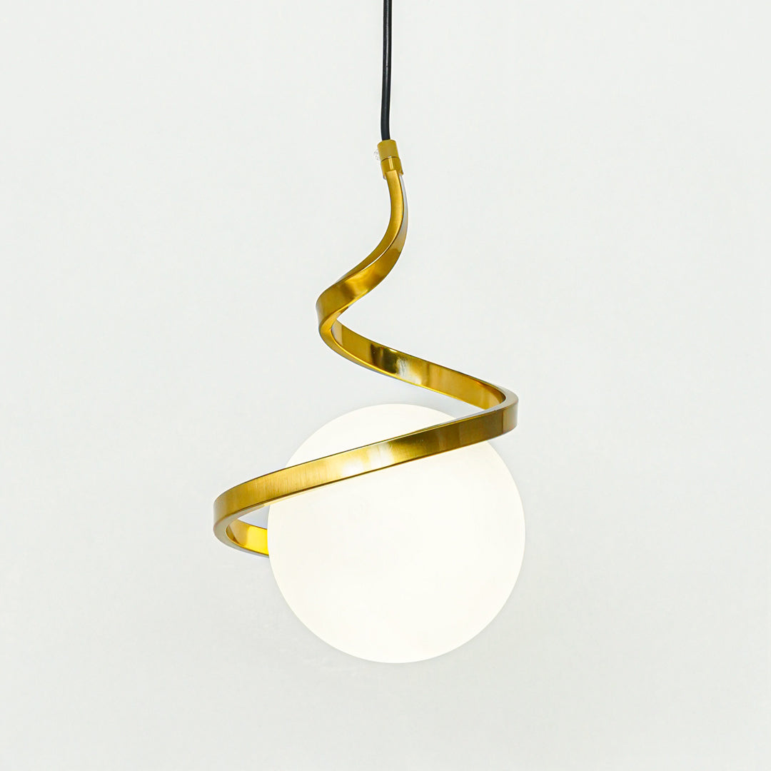 Gold metal spiral pendant light with white glass globe designed for stylish contemporary decor.